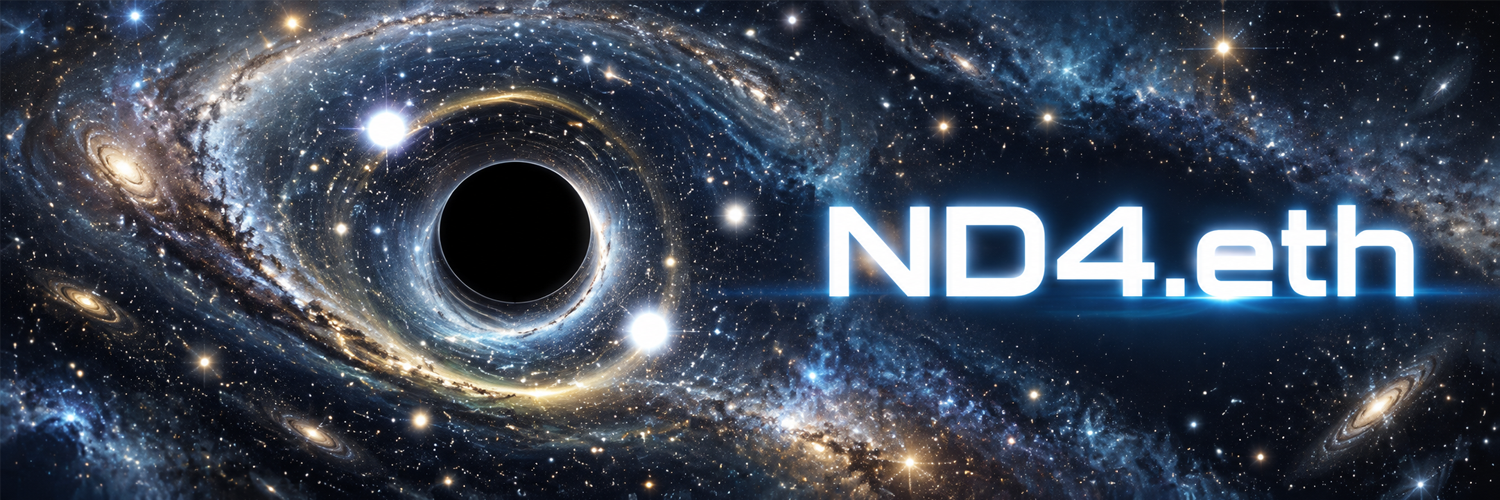 ND4.eth cinematic banner — black hole to the left, ND4.eth wordmark glowing on the right